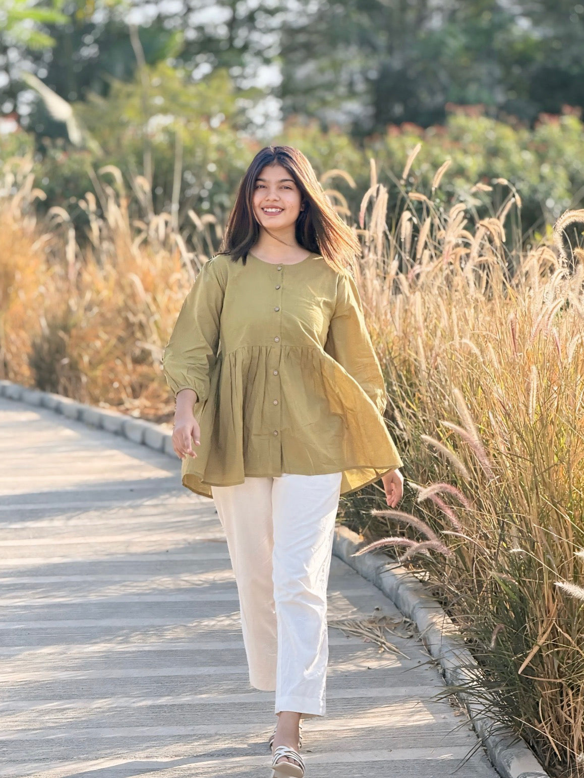 AURA Dusty Olive Solid Cotton Short Top