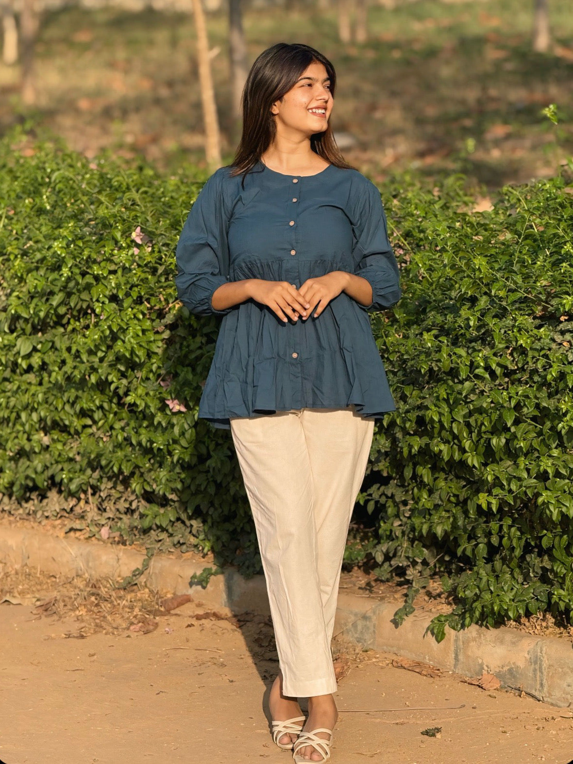 AURA Midnight Teal Solid Cotton Short Top