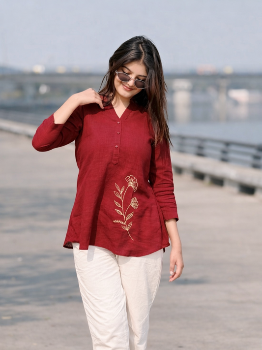 ELIO Crimson Red Embroidered Cotton Short Top