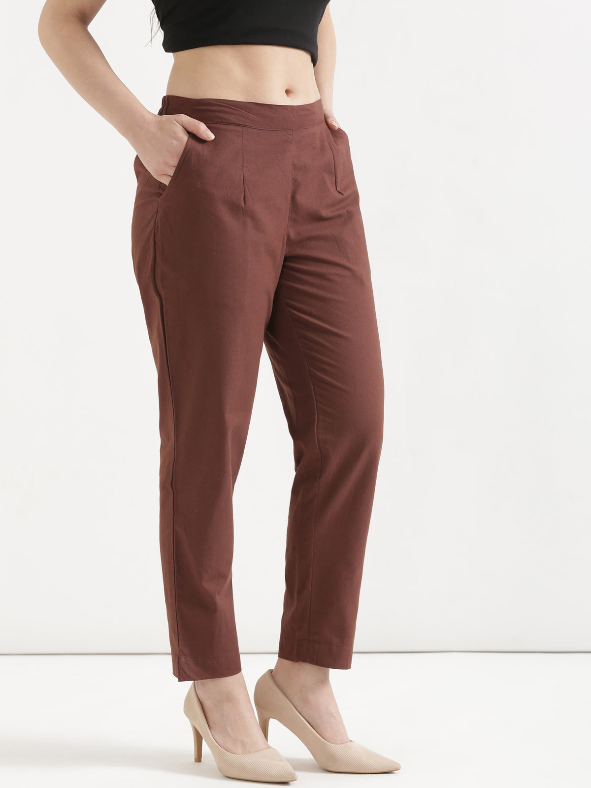 Women Coffee Brown Cotton Pant