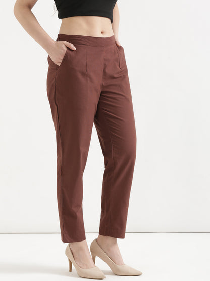 Women Coffee Brown Cotton Pant
