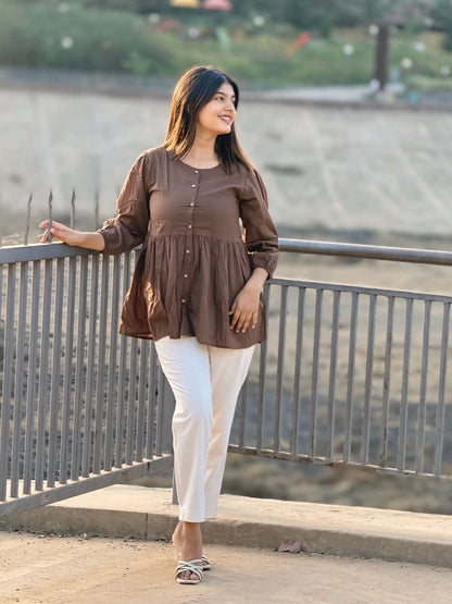 AURA Mocha Brown Solid Cotton Short Top