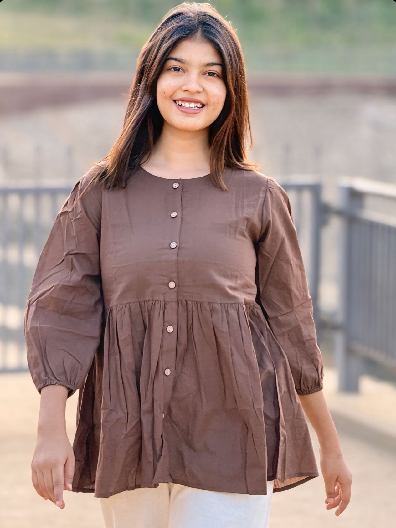 AURA Mocha Brown Solid Cotton Short Top