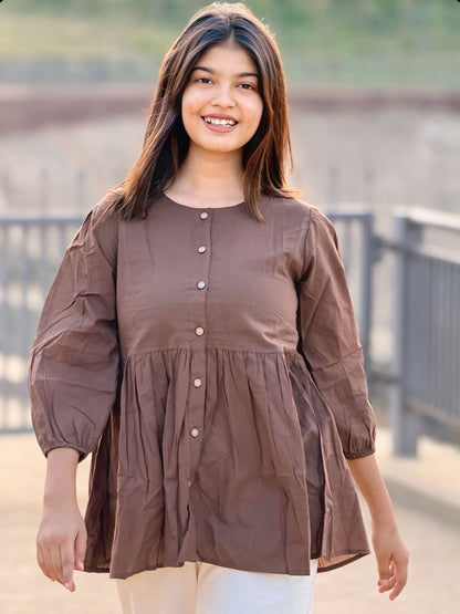 AURA Mocha Brown Solid Cotton Short Top