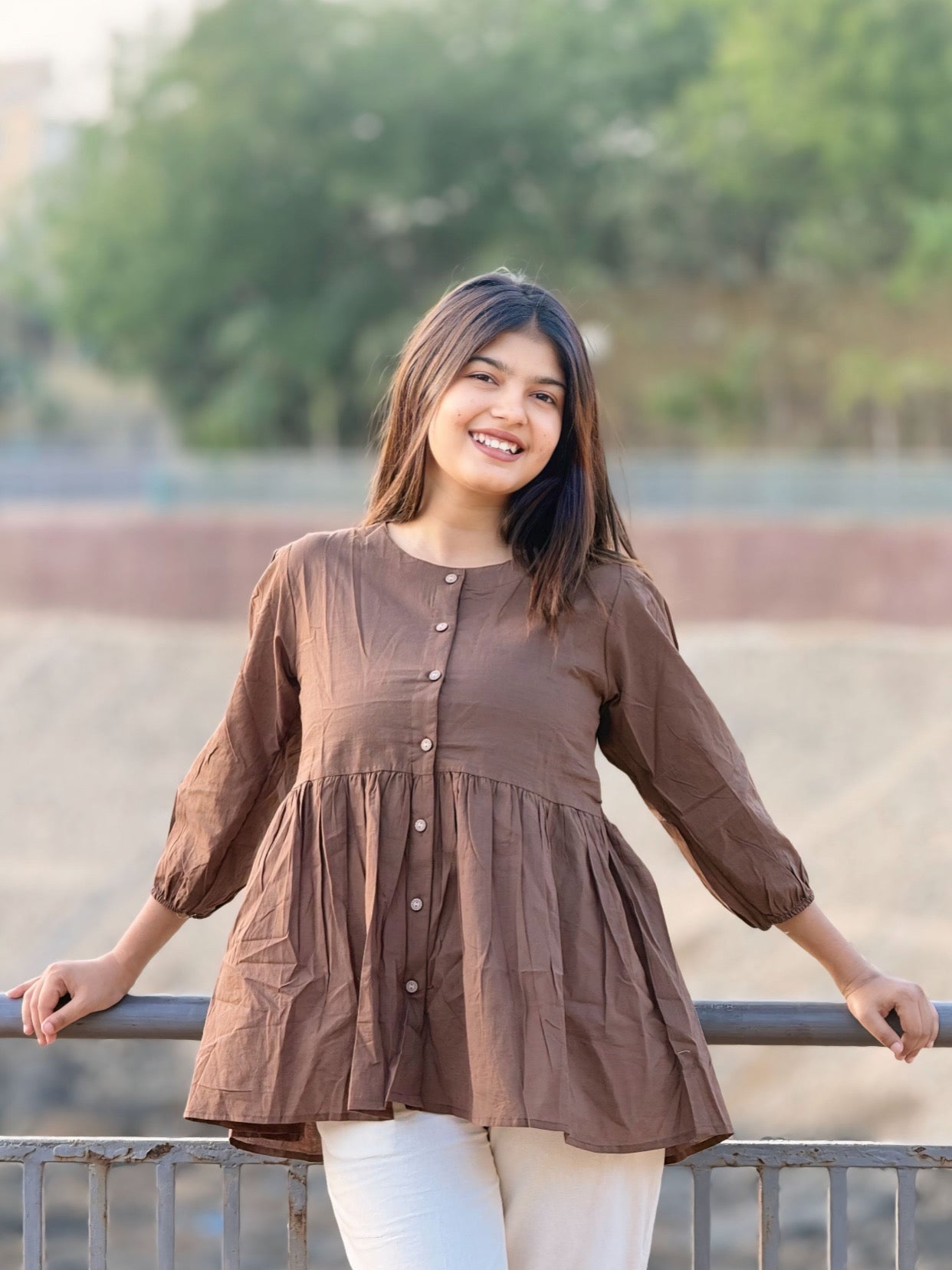 AURA Mocha Brown Solid Cotton Short Top