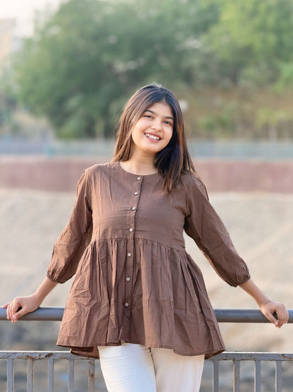 AURA Mocha Brown Solid Cotton Short Top