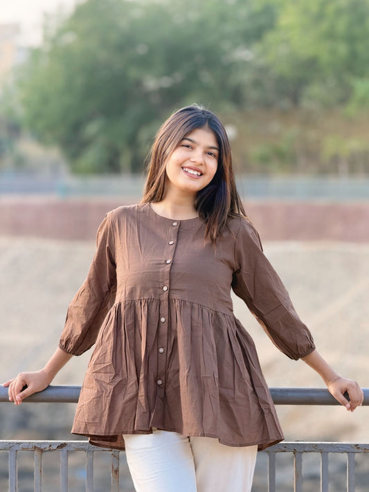 AURA Mocha Brown Solid Cotton Short Top