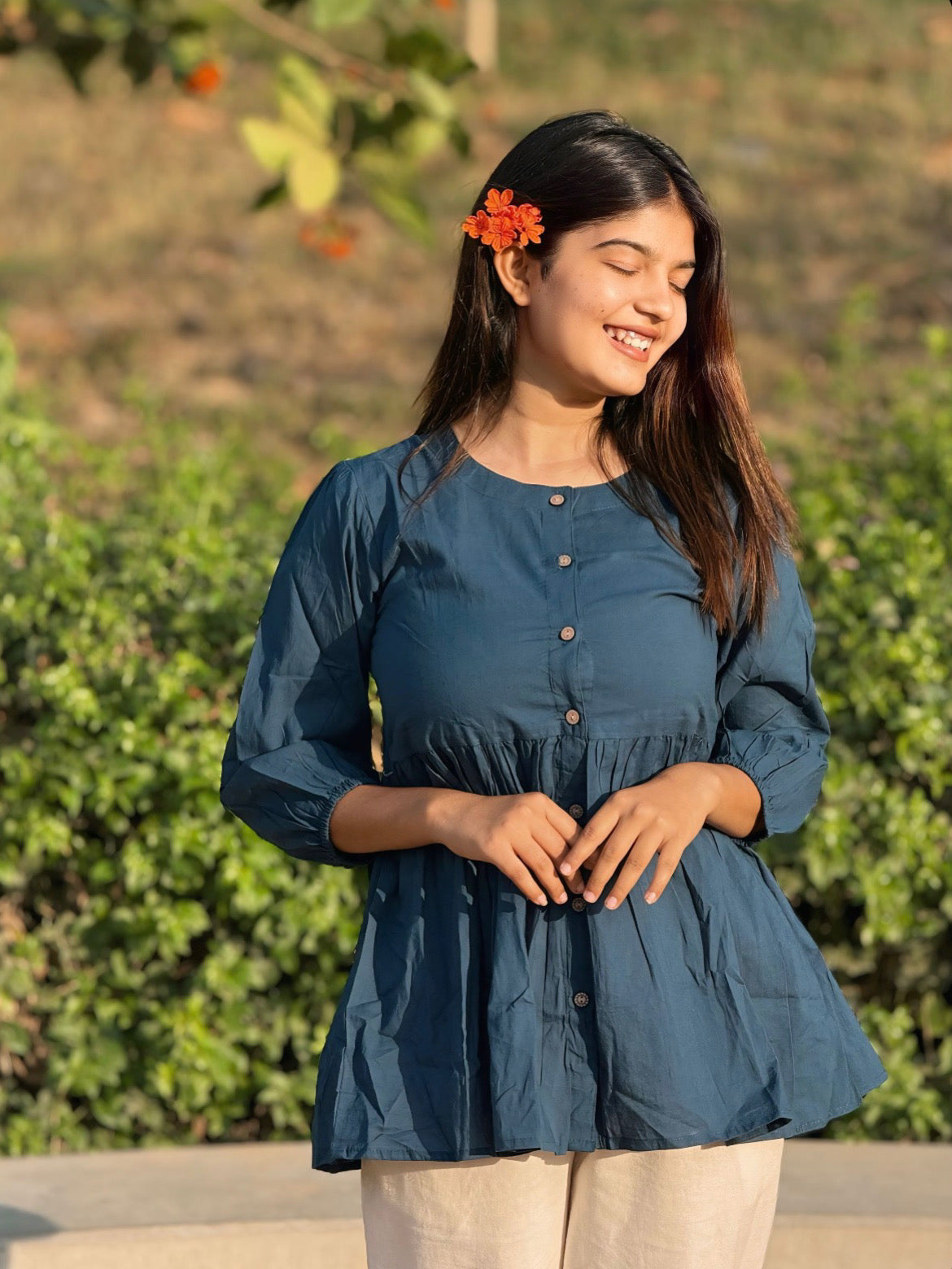 AURA Midnight Teal Solid Cotton Short Top