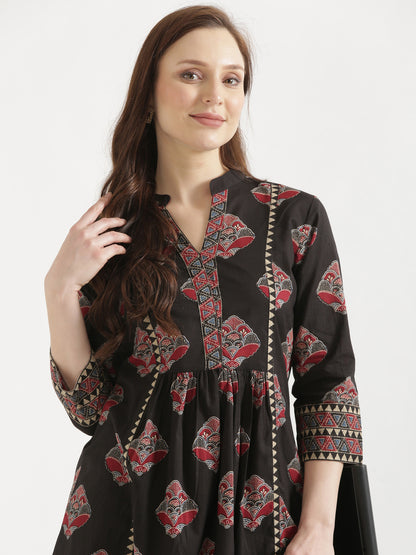 ELARA Black Printed Cotton Short Top