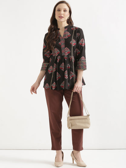 ELARA Black Printed Cotton Short Top