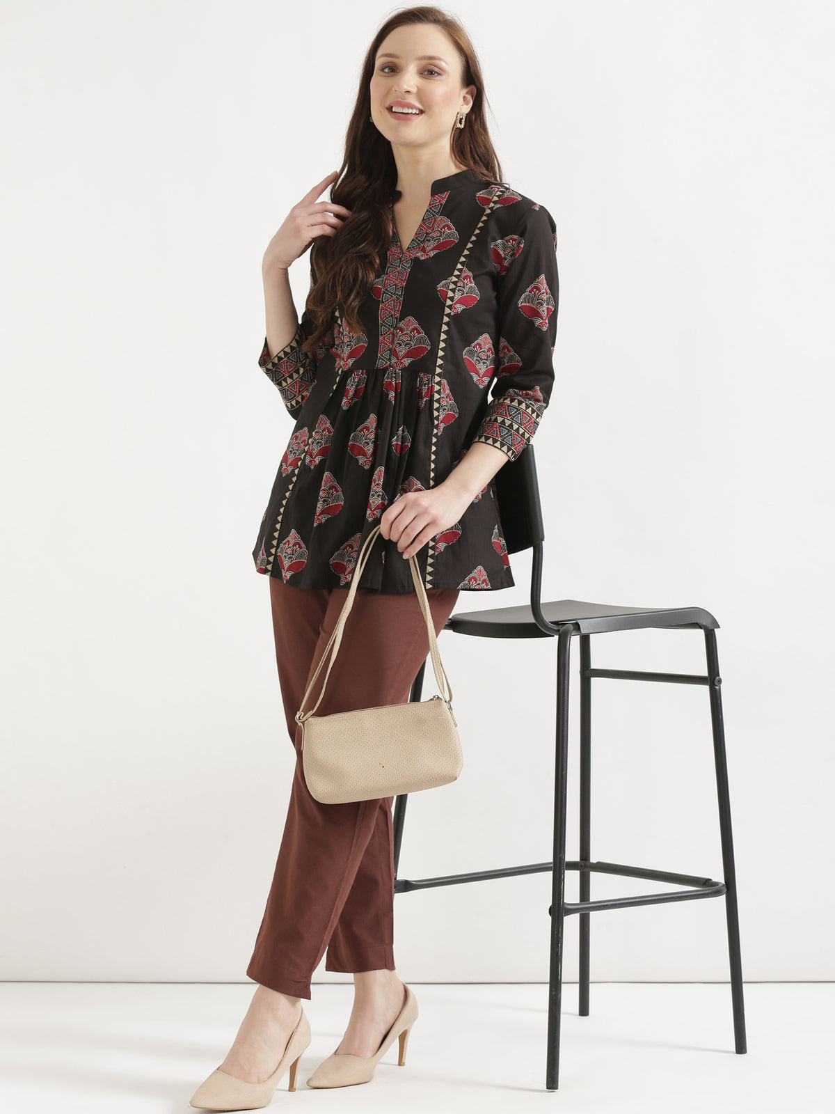 ELARA Black Printed Cotton Short Top