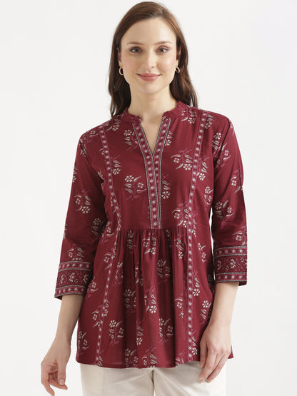 ELARA Maroon Printed Cotton Short Top