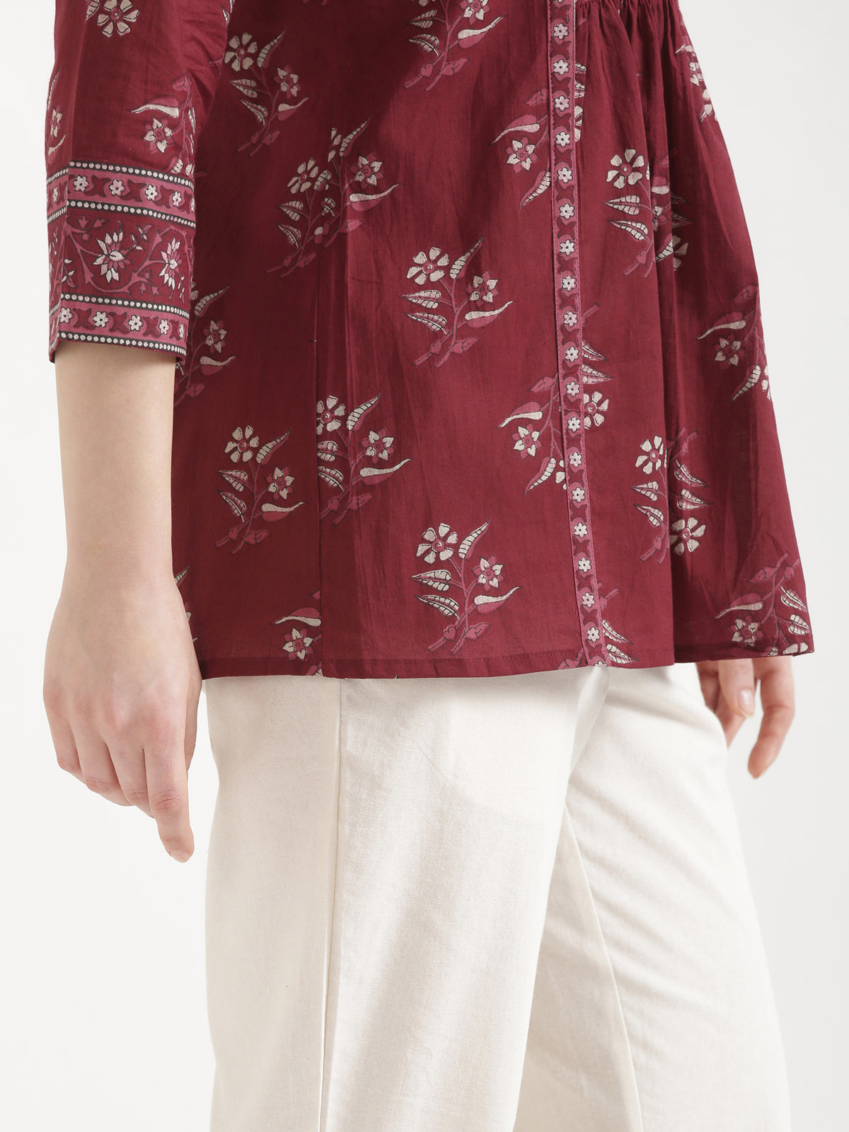 ELARA Maroon Printed Cotton Short Top