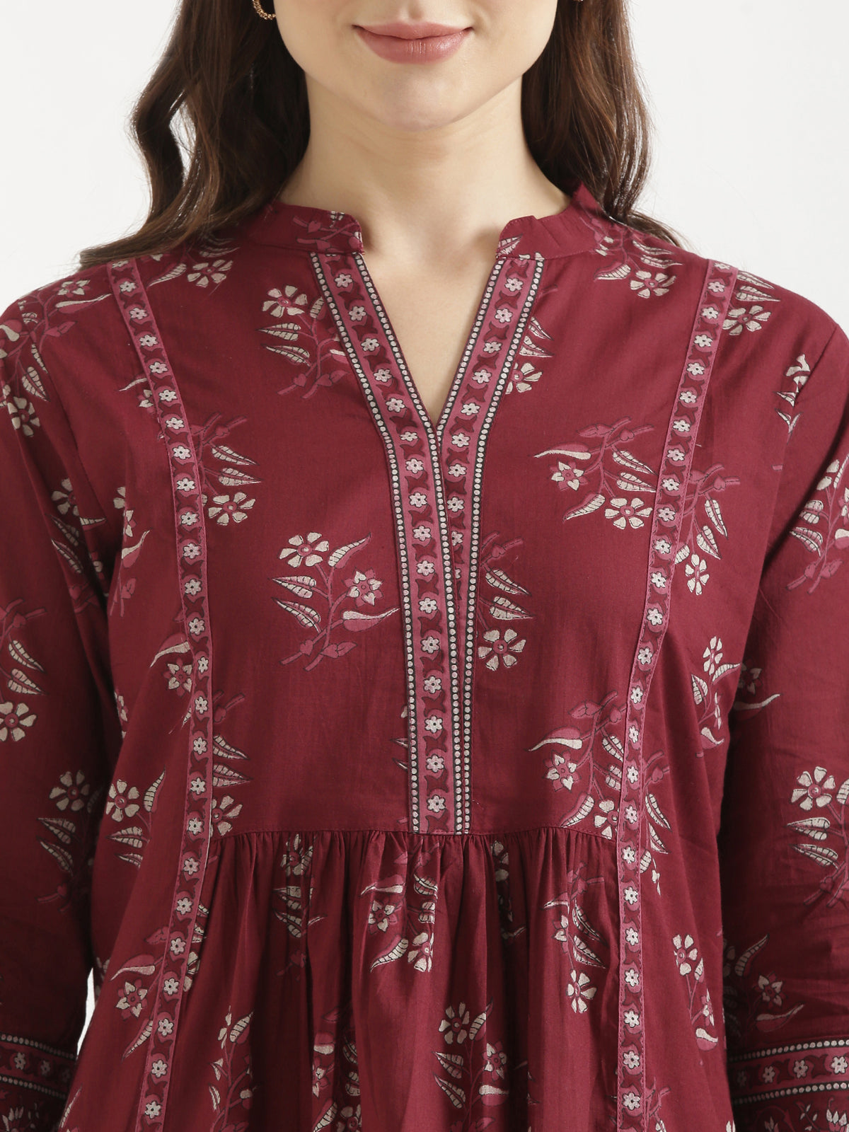 ELARA Maroon Printed Cotton Short Top
