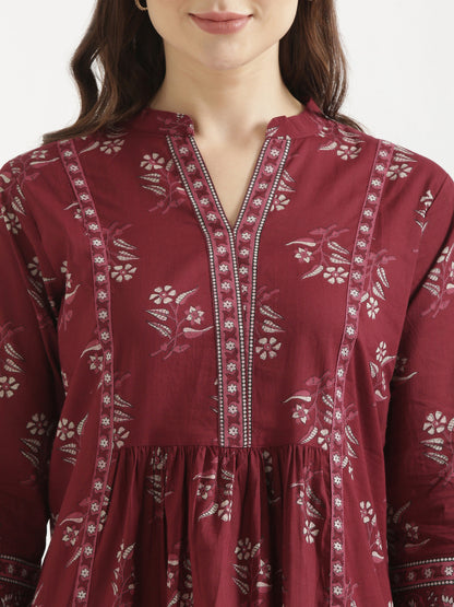 ELARA Maroon Printed Cotton Short Top