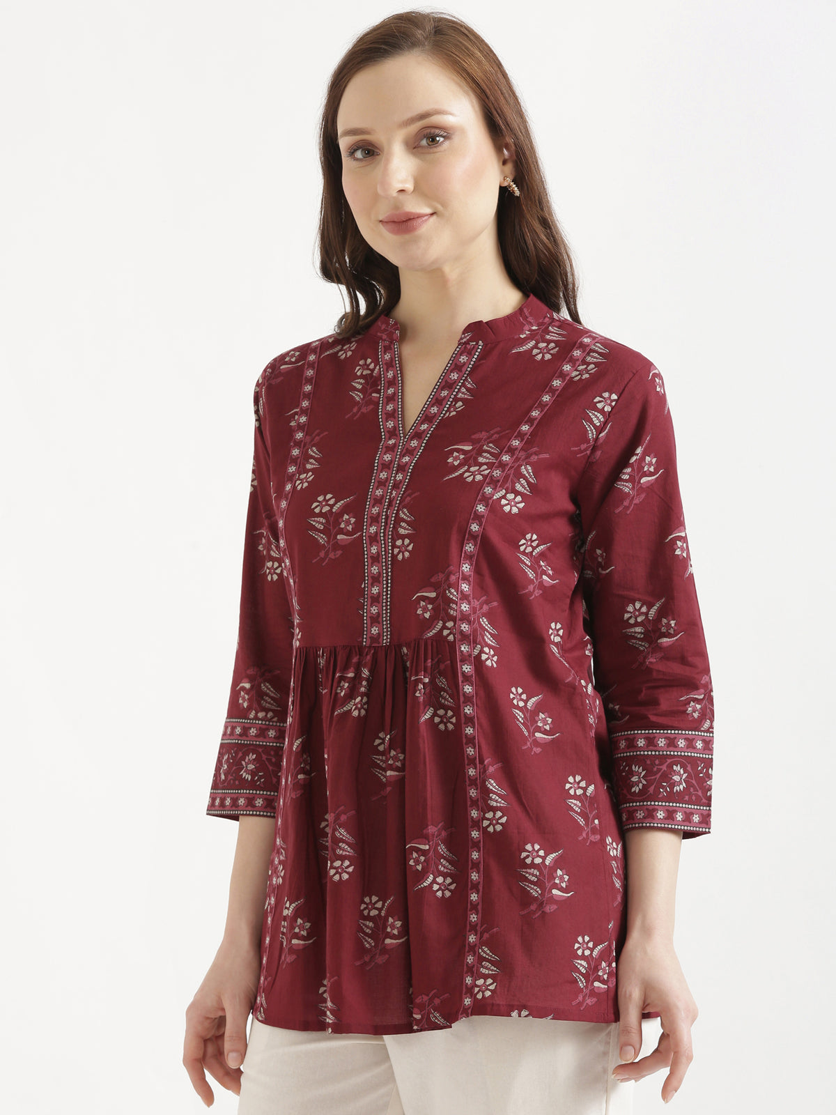ELARA Maroon Printed Cotton Short Top