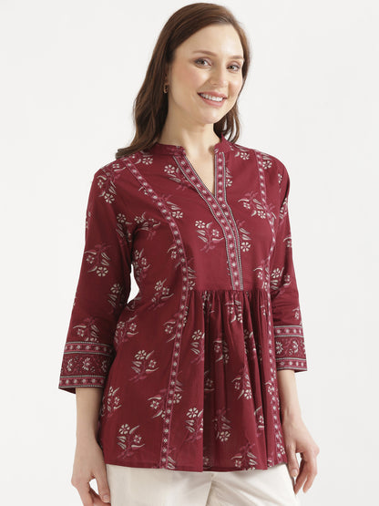 ELARA Maroon Printed Cotton Short Top