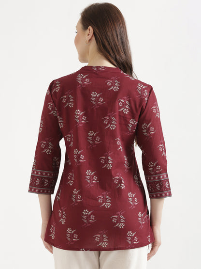 ELARA Maroon Printed Cotton Short Top