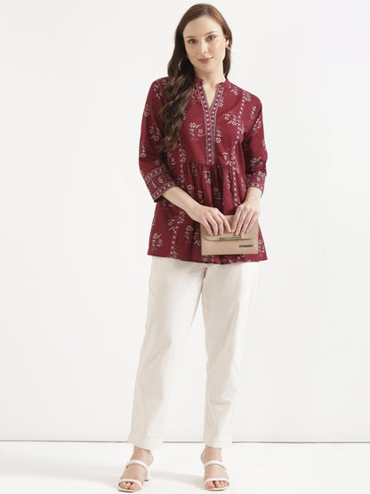 ELARA Maroon Printed Cotton Short Top