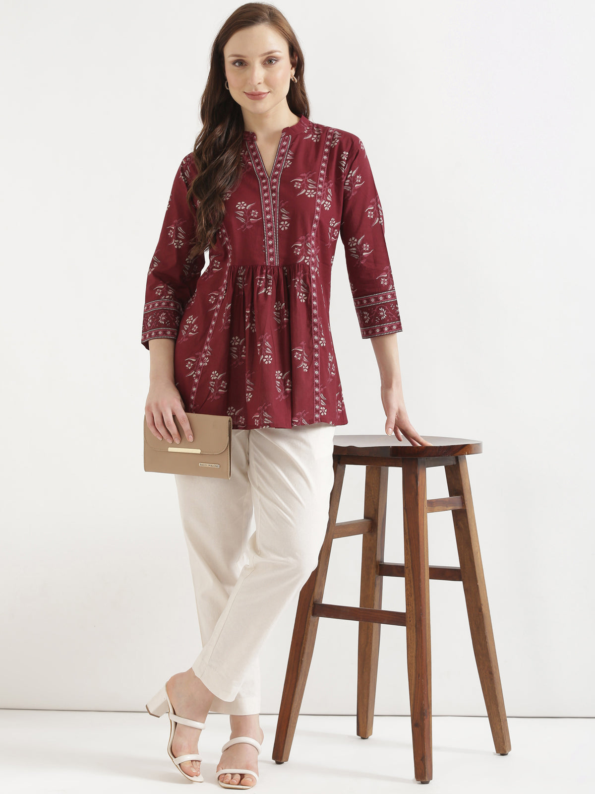ELARA Maroon Printed Cotton Short Top