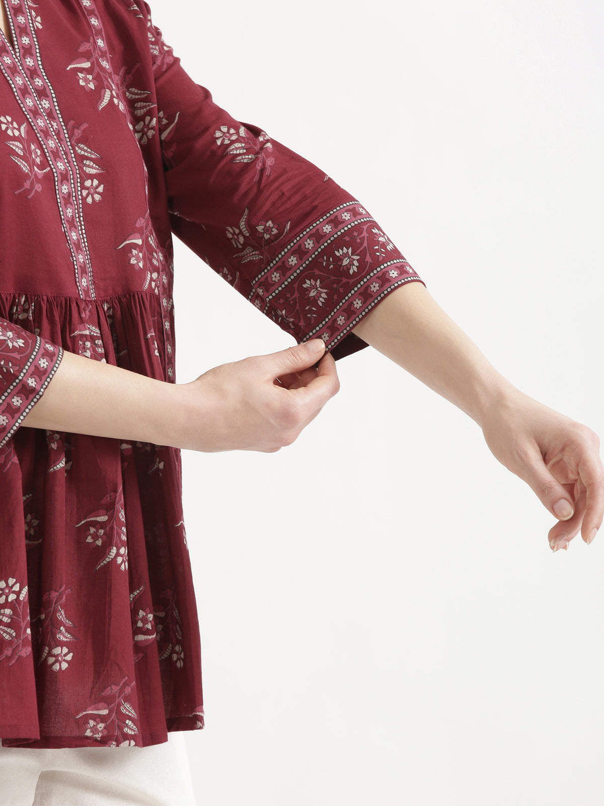 ELARA Maroon Printed Cotton Short Top