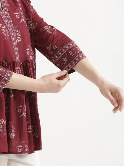 ELARA Maroon Printed Cotton Short Top