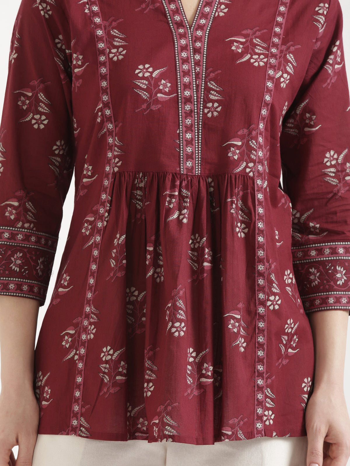 ELARA Maroon Printed Cotton Short Top