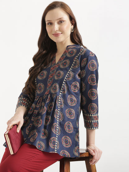 ELARA Navy Blue Printed Cotton Short Top