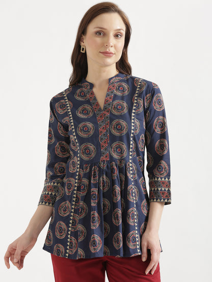 ELARA Navy Blue Printed Cotton Short Top