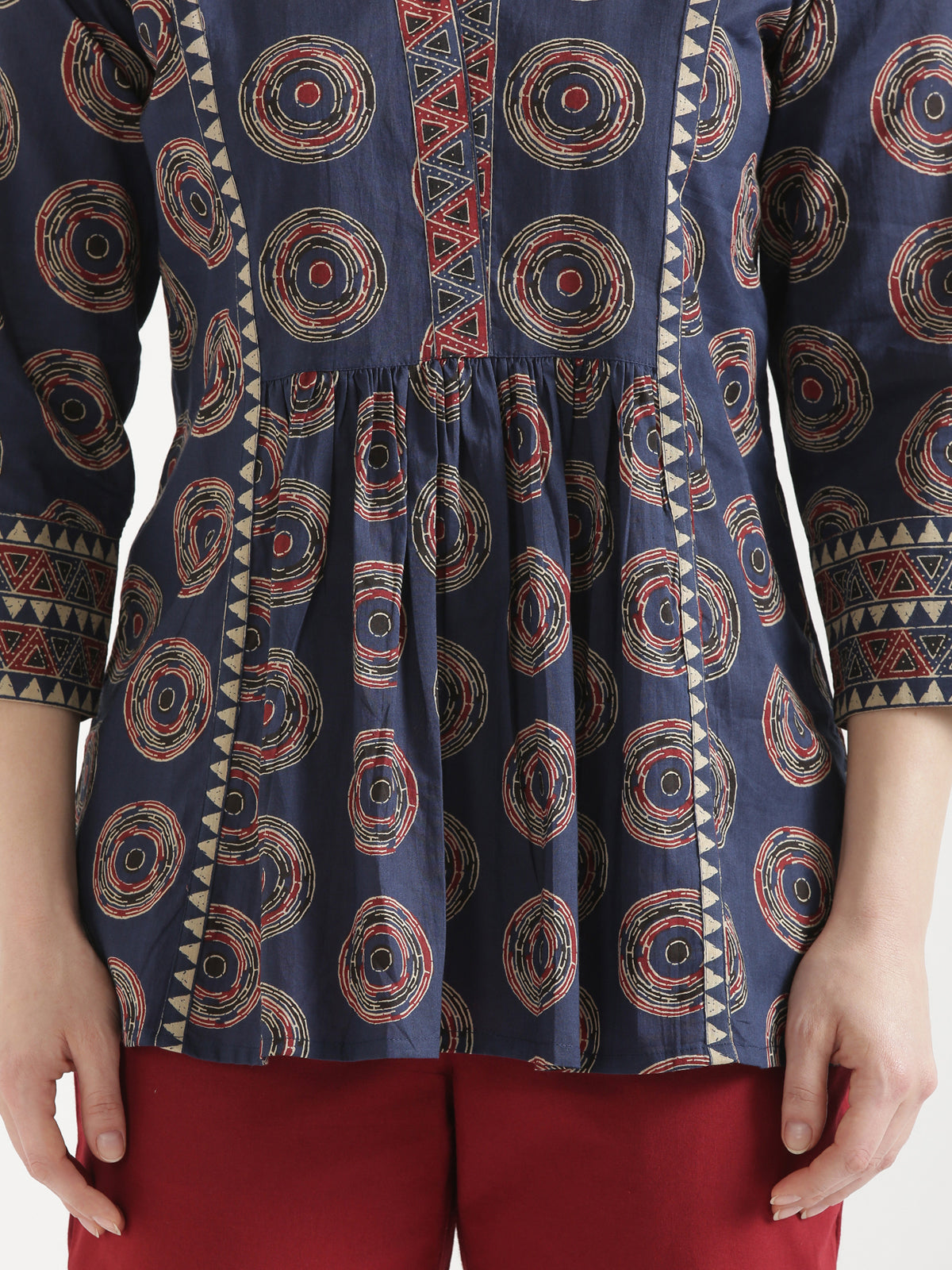 ELARA Navy Blue Printed Cotton Short Top