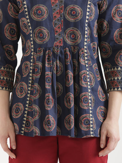 ELARA Navy Blue Printed Cotton Short Top
