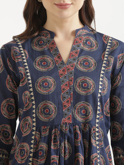 ELARA Navy Blue Printed Cotton Short Top