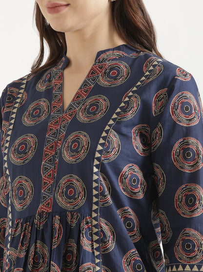 ELARA Navy Blue Printed Cotton Short Top