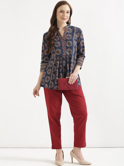 ELARA Navy Blue Printed Cotton Short Top