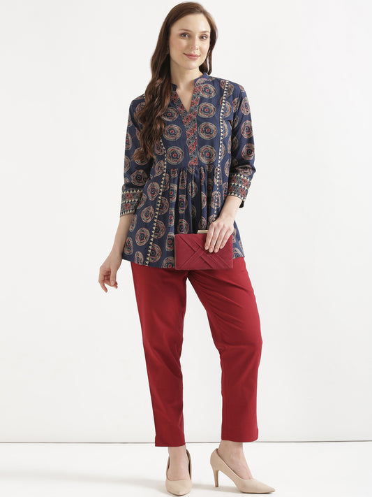 ELARA Navy Blue Printed Cotton Short Top