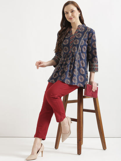 ELARA Navy Blue Printed Cotton Short Top