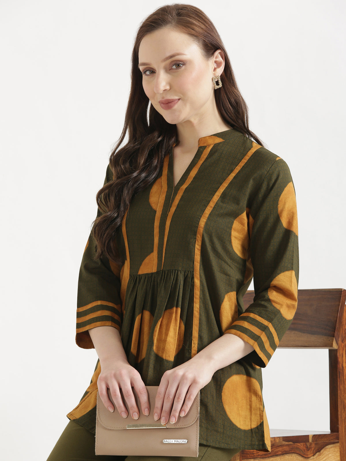 ELARA Olive Green Printed Cotton Short Top