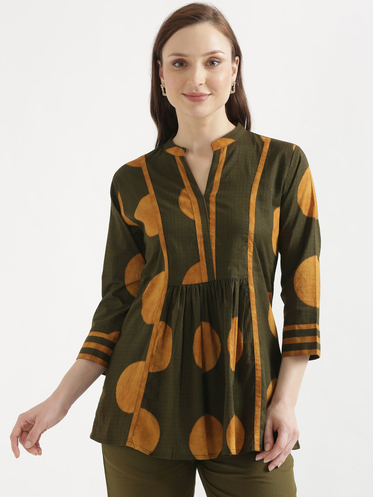 ELARA Olive Green Printed Cotton Short Top