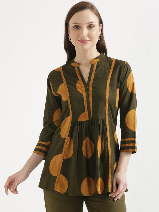 ELARA Olive Green Printed Cotton Short Top