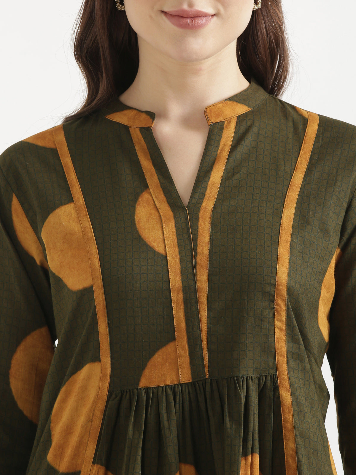 ELARA Olive Green Printed Cotton Short Top