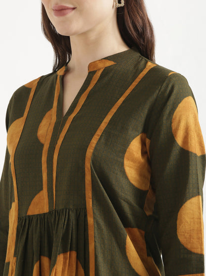 ELARA Olive Green Printed Cotton Short Top