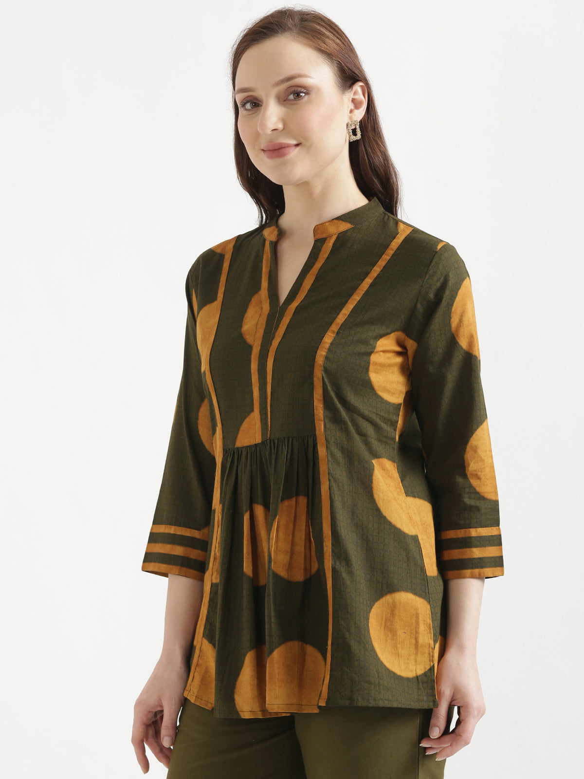 ELARA Olive Green Printed Cotton Short Top