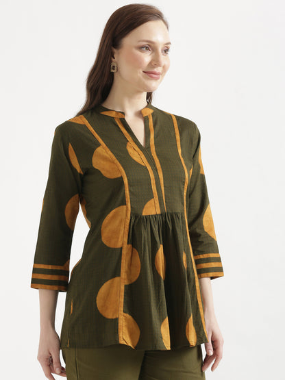 ELARA Olive Green Printed Cotton Short Top