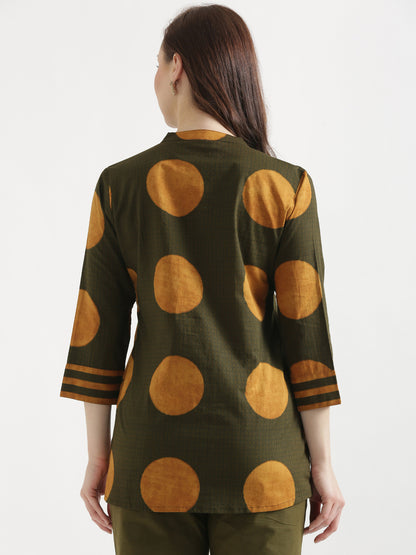 ELARA Olive Green Printed Cotton Short Top