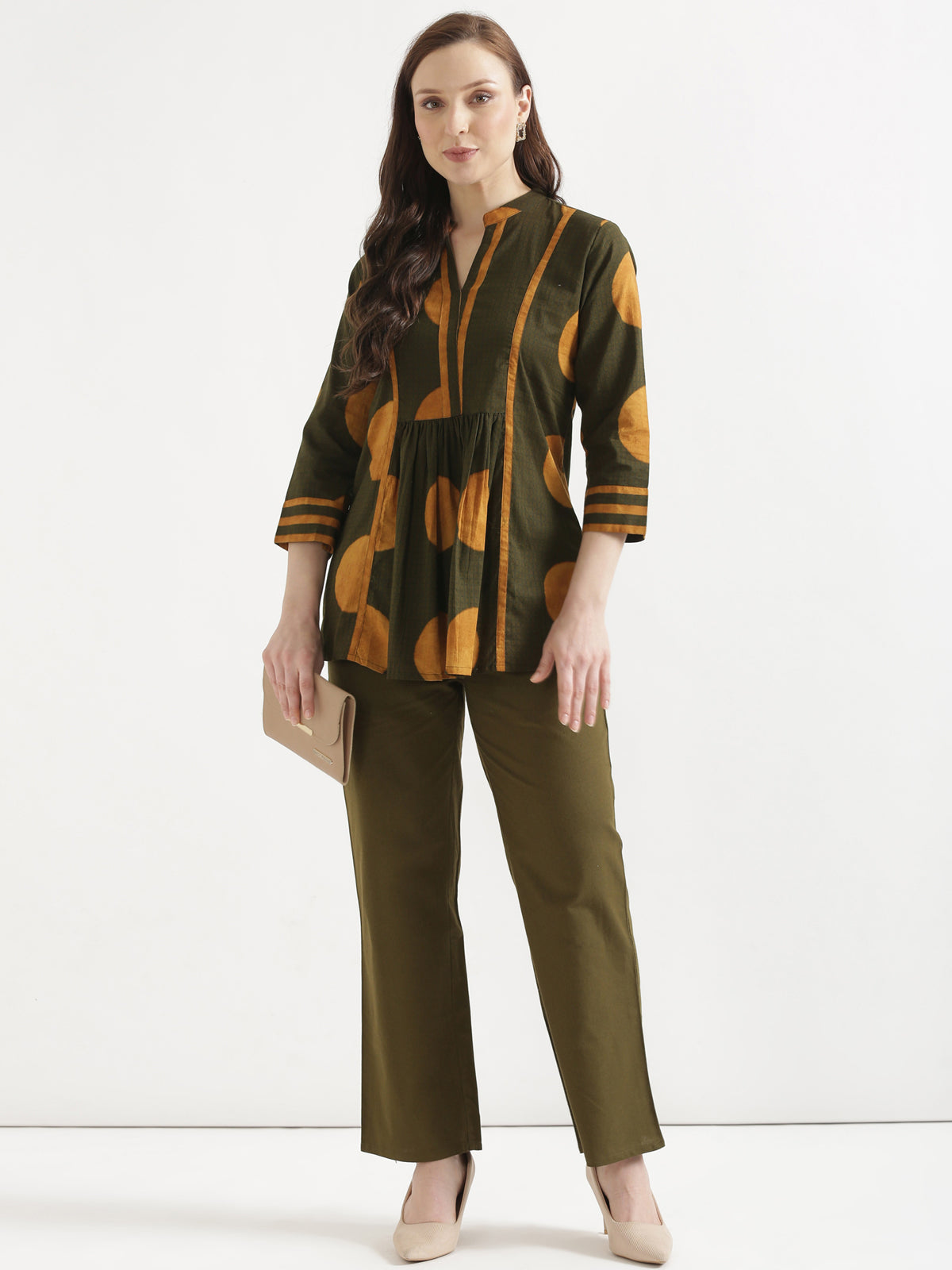 ELARA Olive Green Printed Cotton Short Top