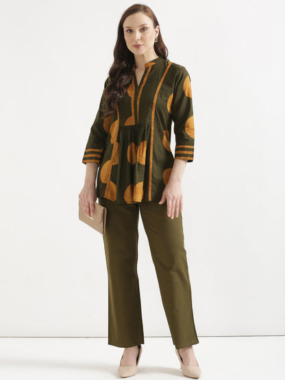 ELARA Olive Green Printed Cotton Short Top
