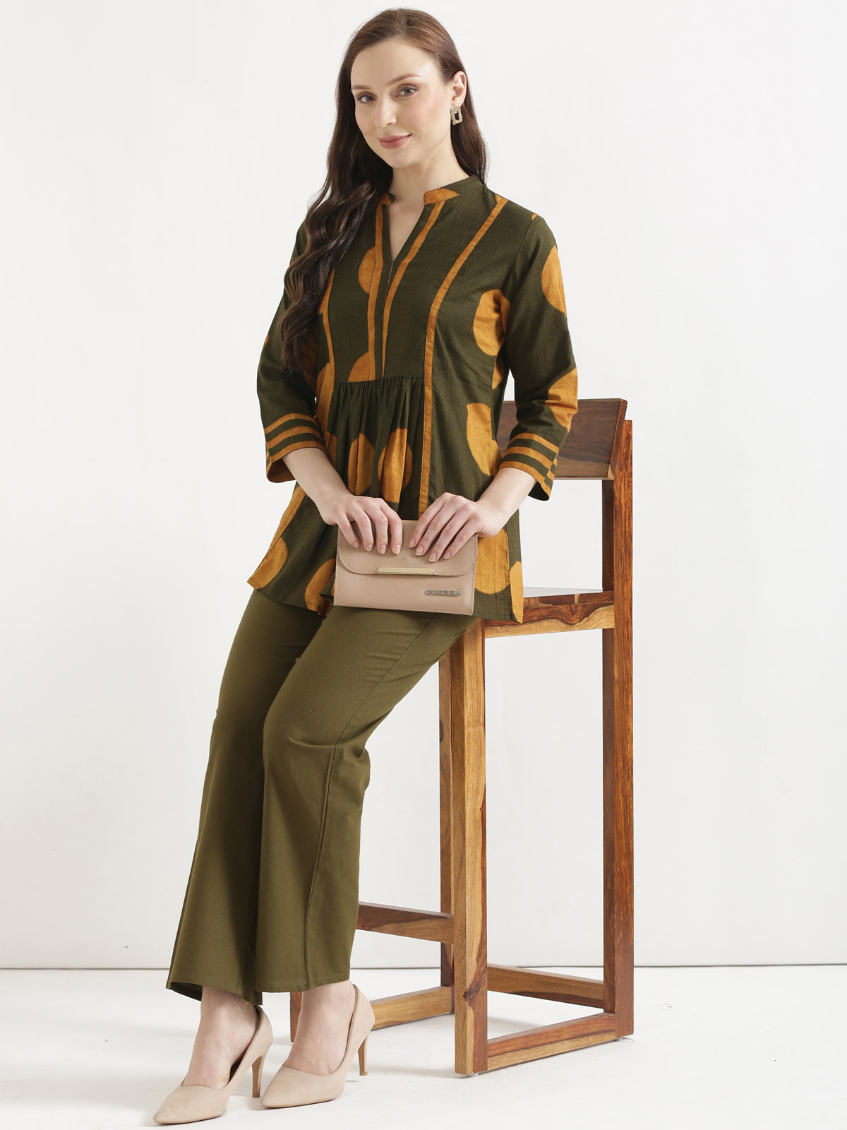 ELARA Olive Green Printed Cotton Short Top