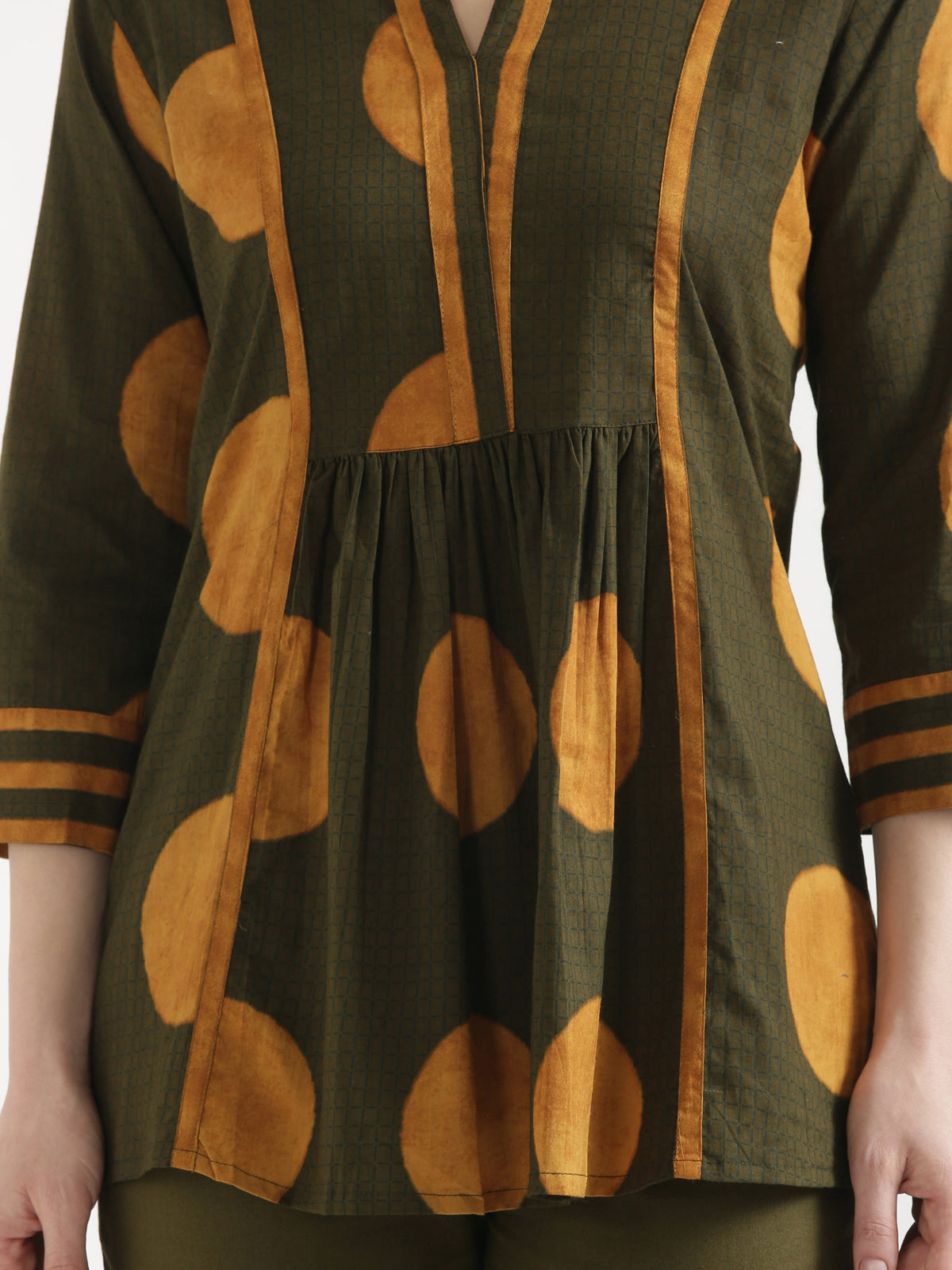 ELARA Olive Green Printed Cotton Short Top