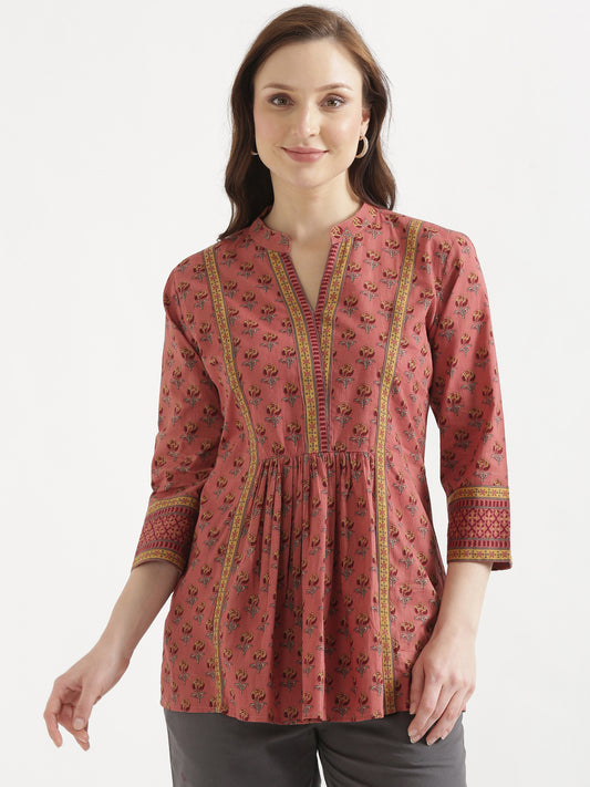 ELARA Peach Pink Printed Cotton Short Top