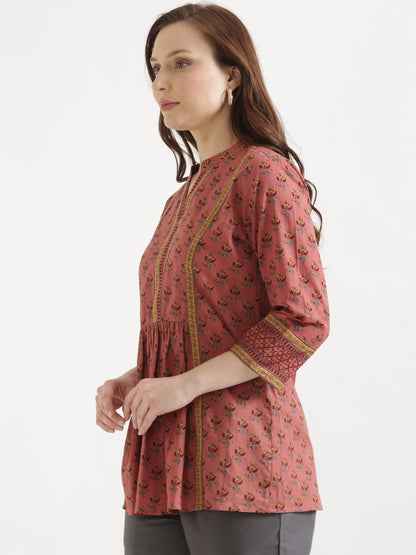 ELARA Peach Pink Printed Cotton Short Top